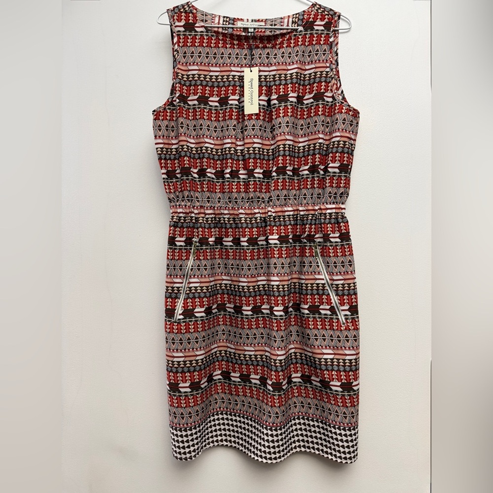 Speed Control Red, Peach, Brown and White Southwestern Mini Dress